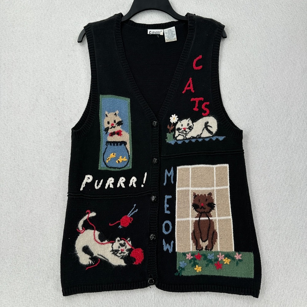 Vintage Cat Sweater‎ Vest Capacity LARGE Knit Ramie Cotton Kitty Teacher